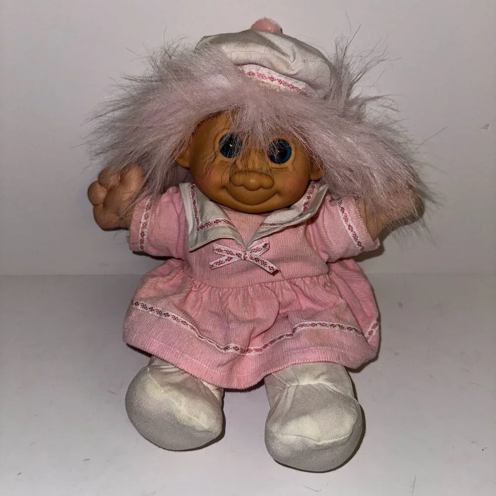 Vintage Troll Kidz Russ Berrie Girl doll Pink Sailor Dress and Hat EUC